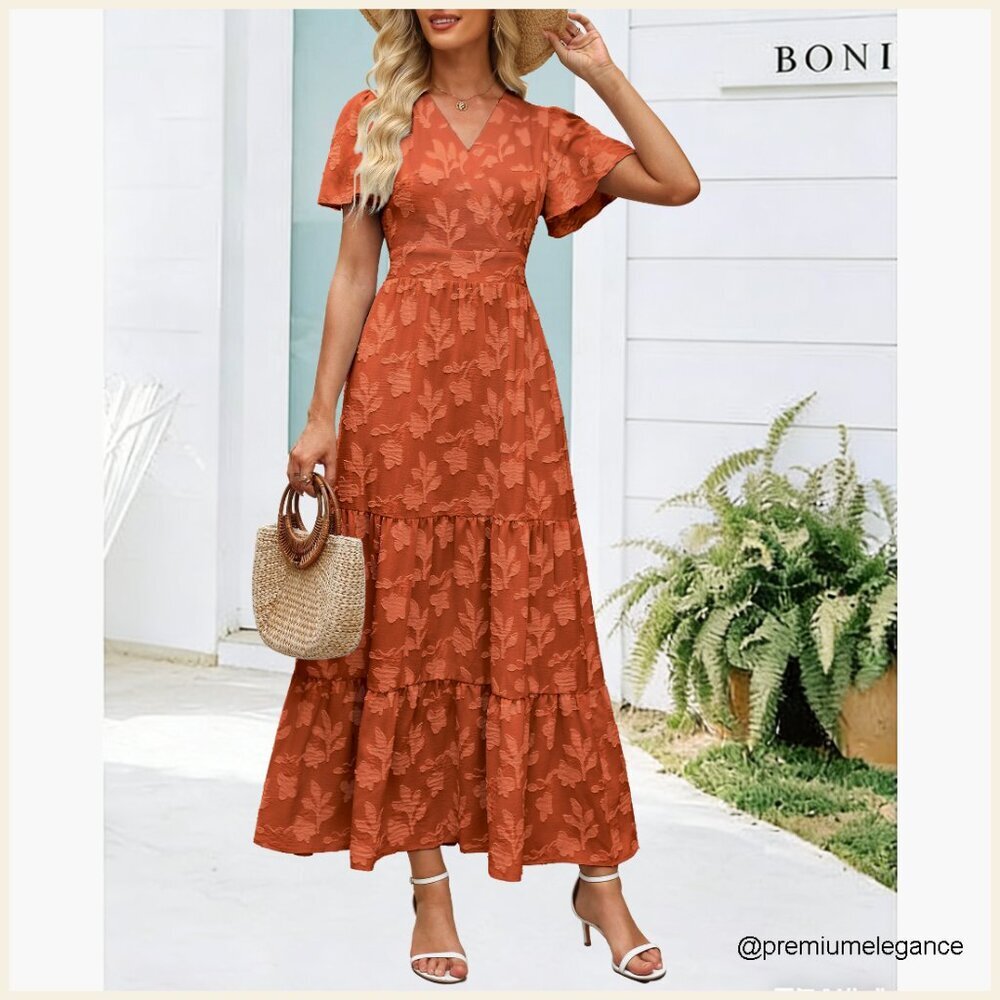 Boho Floral Maxi Dress Wrap V Neck Flutter Sleeve Tiered A Line Summer - Picture 7 of 7